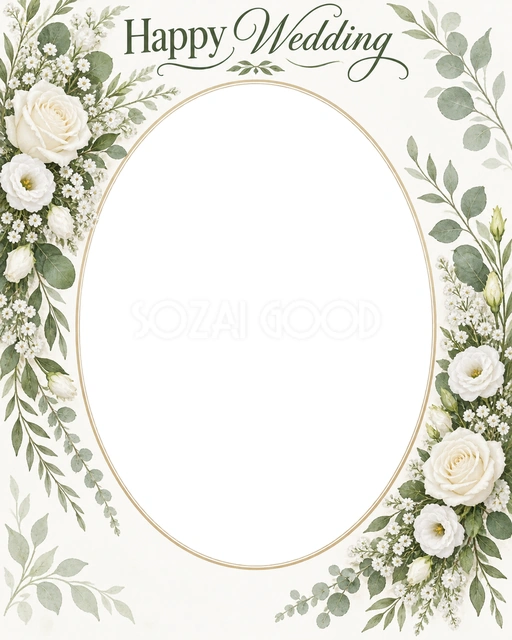 結婚報告や前撮りの写真に使える、葉と花の縦長楕円フレームの無料イラスト素材です