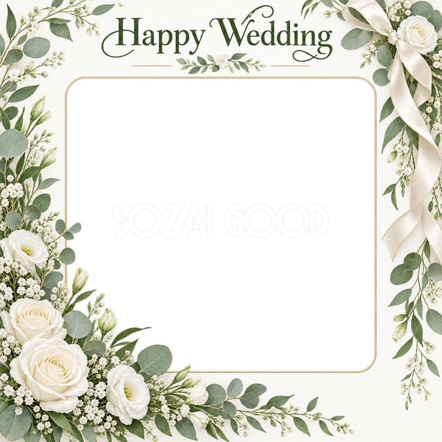 結婚報告や前撮りの写真に使える、白い花の華やかなフレームの無料イラスト素材です
