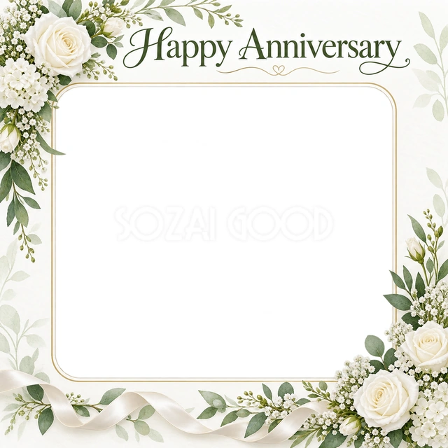 結婚記念日の写真に使える、花の角飾りと細いリボンの無料イラスト素材です