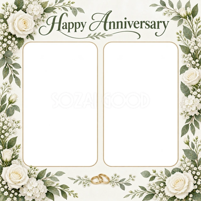 結婚記念日の写真に使える、並んだふたりの記念写真の無料イラスト素材です