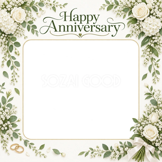 結婚記念日の写真に使える、花束と小さな指輪の無料イラスト素材です