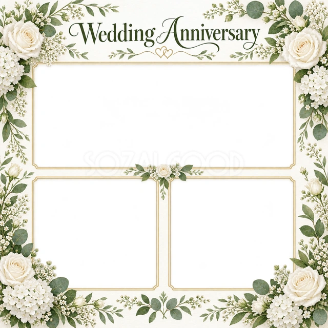 結婚記念日の写真に使える、三つの記念写真の無料イラスト素材です