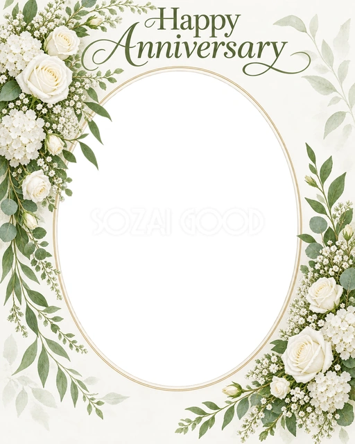 結婚記念日の写真に使える、葉と花の縦長楕円フレームの無料イラスト素材です