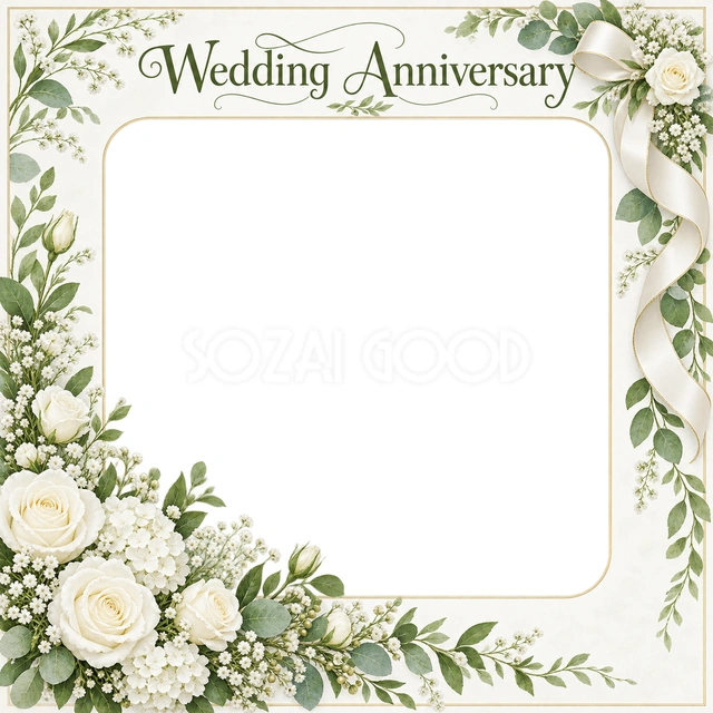 結婚記念日の写真に使える、白い花の華やかなフレームの無料イラスト素材です