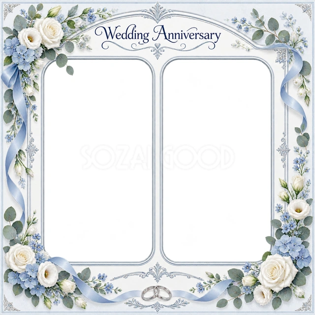 結婚や結婚記念日の写真に使える、並んだふたりの記念写真の無料イラスト素材です