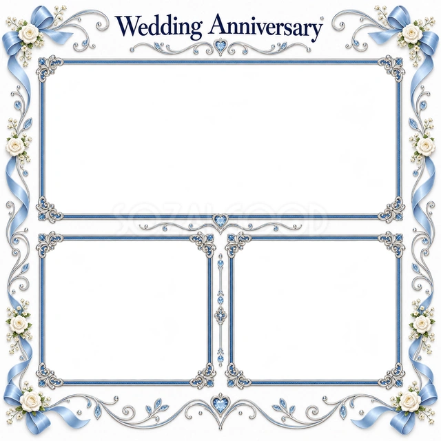 結婚や結婚記念日の写真に使える、三つの記念写真の無料イラスト素材です