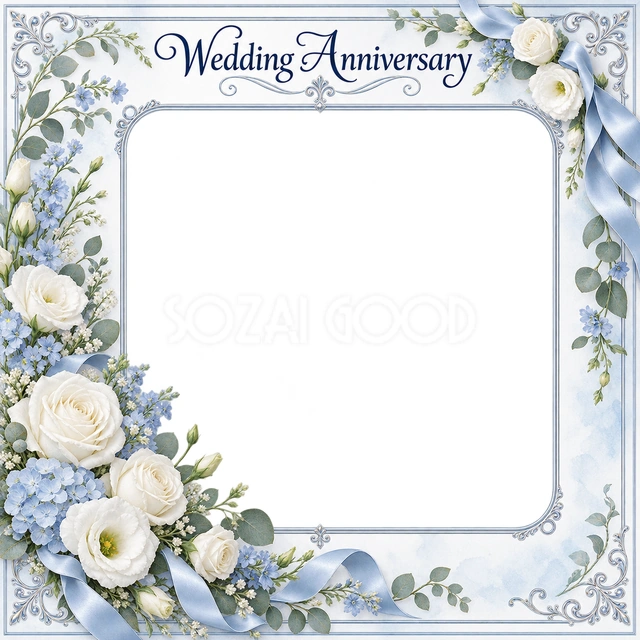 結婚や結婚記念日の写真に使える、白い花の華やかなフレームの無料イラスト素材です