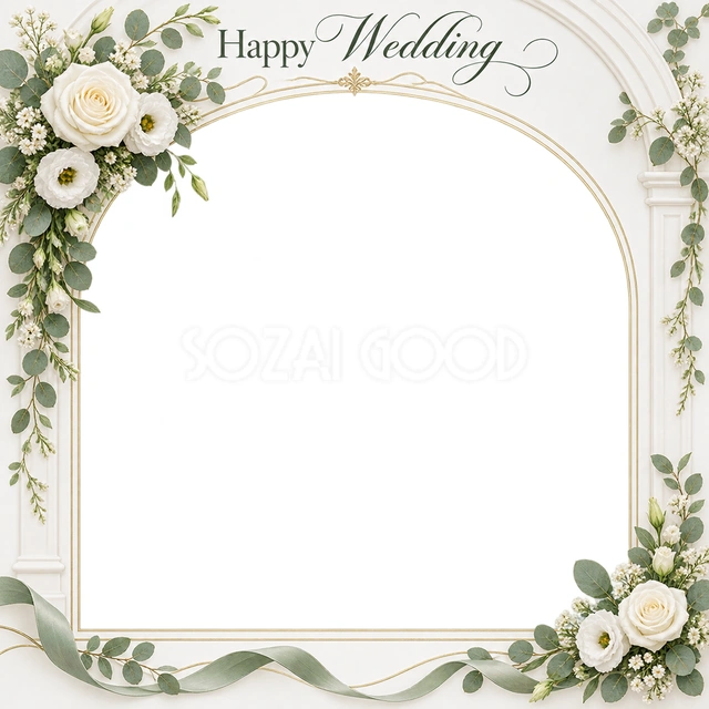 結婚や結婚記念日の写真に使える、花の角飾りと細いリボンの無料イラスト素材です