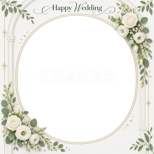 結婚や結婚記念日の写真に使える、花と小さな真珠の楕円の無料イラスト素材です