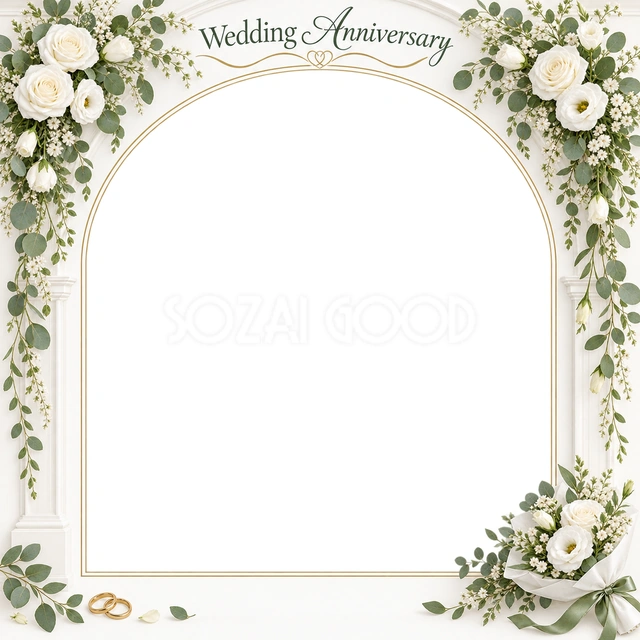 結婚や結婚記念日の写真に使える、花束と曲線の写真フレームの無料イラスト素材です