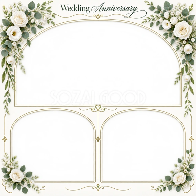 結婚や結婚記念日の写真に使える、三つの記念写真の無料イラスト素材です