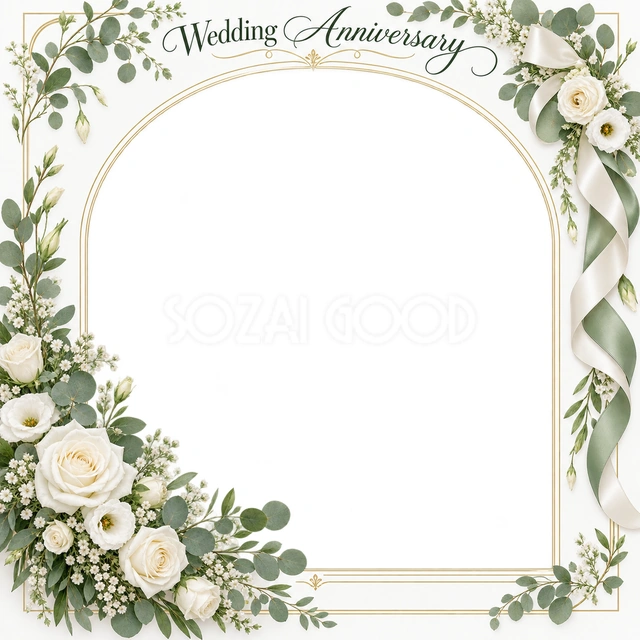 結婚や結婚記念日の写真に使える、白い花の華やかなフレームの無料イラスト素材です