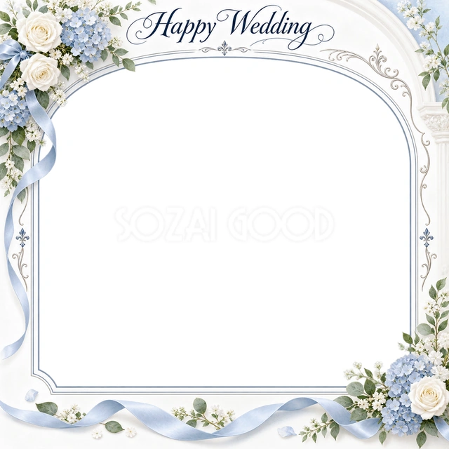 結婚や結婚記念日の写真に使える、花の角飾りと細いリボンの無料イラスト素材です