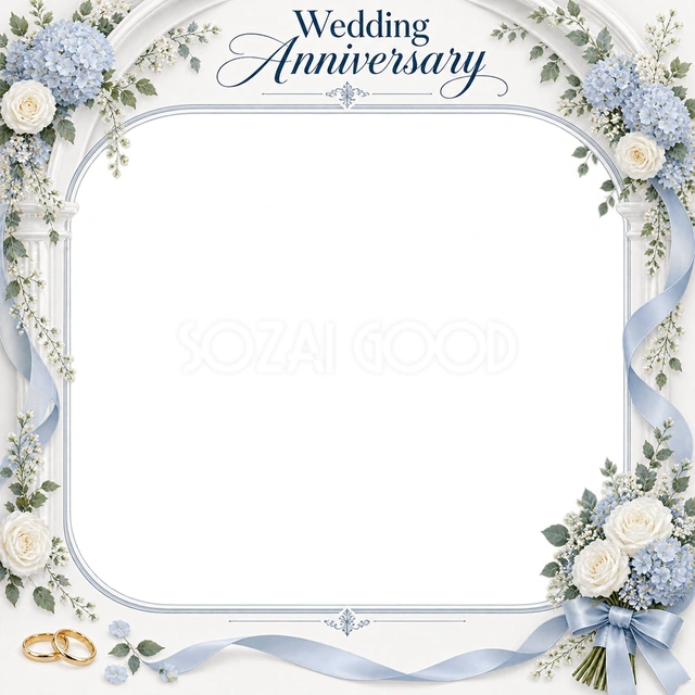 結婚や結婚記念日の写真に使える、花束と曲線の写真フレームの無料イラスト素材です
