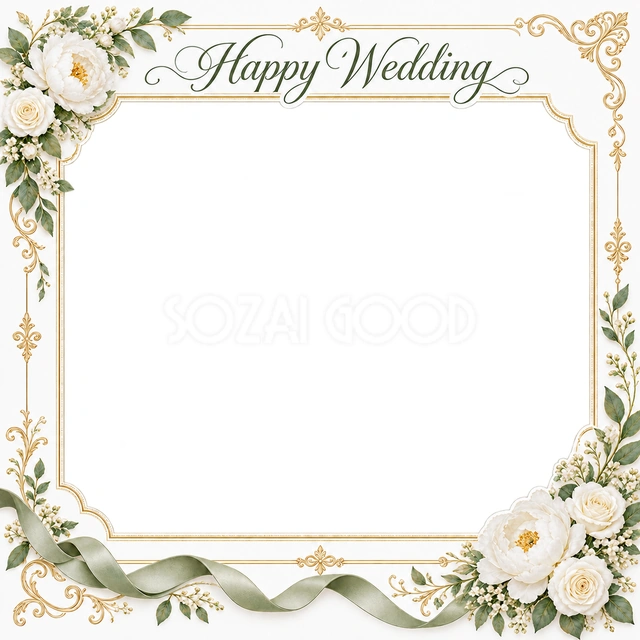 結婚や結婚記念日の写真に使える、花の角飾りと細いリボンの無料イラスト素材です