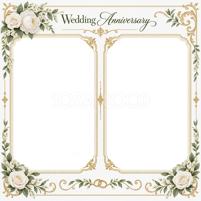 結婚や結婚記念日の写真に使える、並んだふたりの記念写真の無料イラスト素材です