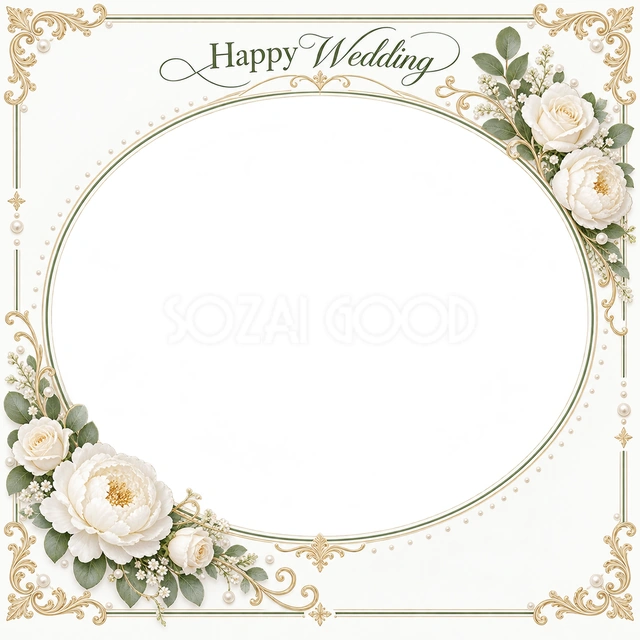 結婚や結婚記念日の写真に使える、花と小さな真珠の楕円の無料イラスト素材です