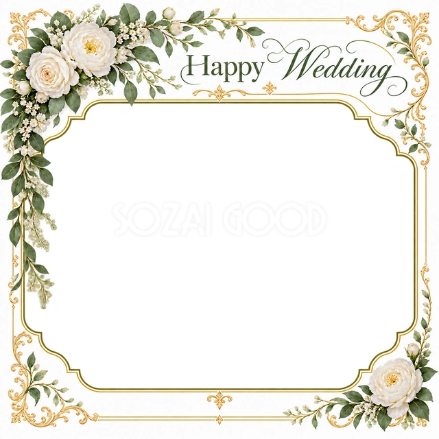 結婚や結婚記念日の写真に使える、花と飾り線の写真フレームの無料イラスト素材です