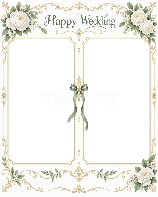 結婚や結婚記念日の写真に使える、ふたりの写真を飾る縦長フレームの無料イラスト素材です