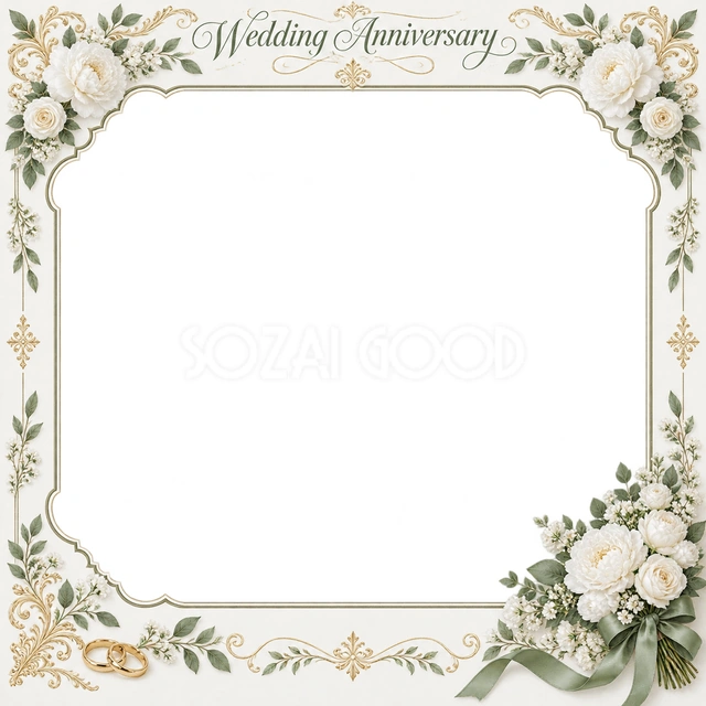 結婚や結婚記念日の写真に使える、花束と曲線の写真フレームの無料イラスト素材です