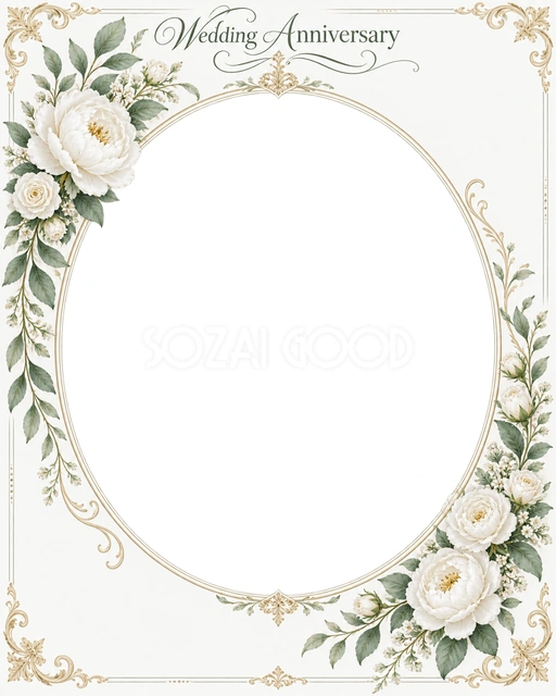 結婚や結婚記念日の写真に使える、葉と花の縦長楕円フレームの無料イラスト素材です