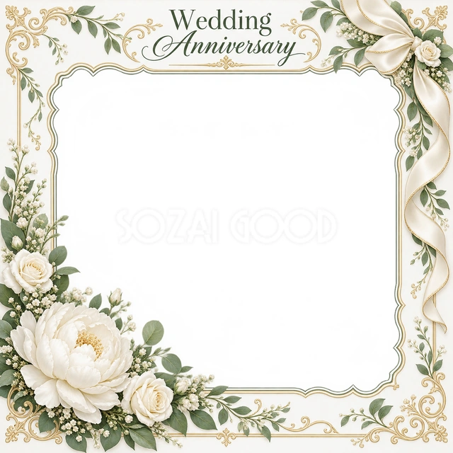 結婚や結婚記念日の写真に使える、白い花の華やかなフレームの無料イラスト素材です