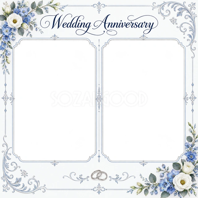結婚や結婚記念日の写真に使える、並んだふたりの記念写真の無料イラスト素材です