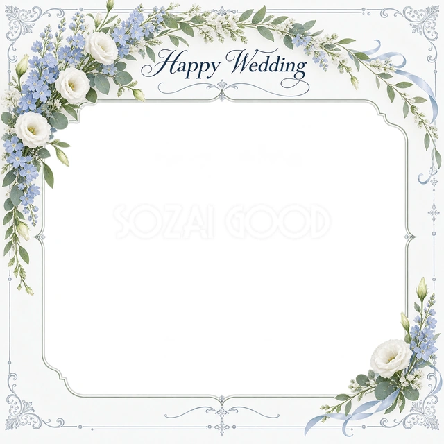 結婚や結婚記念日の写真に使える、花と飾り線の写真フレームの無料イラスト素材です