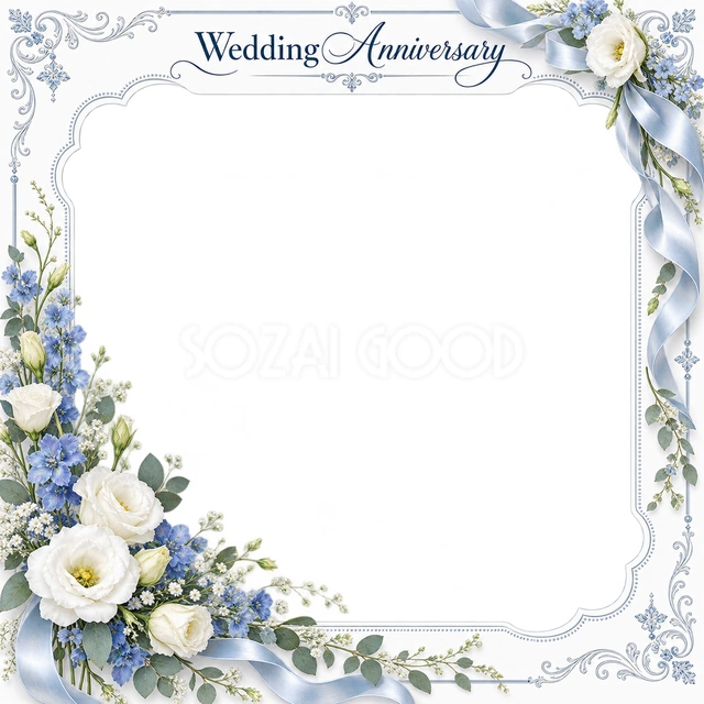 結婚や結婚記念日の写真に使える、白い花の華やかなフレームの無料イラスト素材です