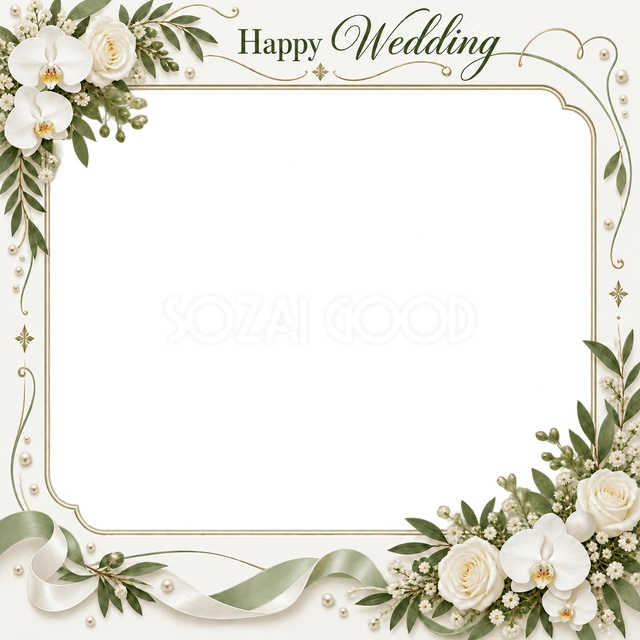 結婚や結婚記念日の写真に使える、花の角飾りと細いリボンの無料イラスト素材です