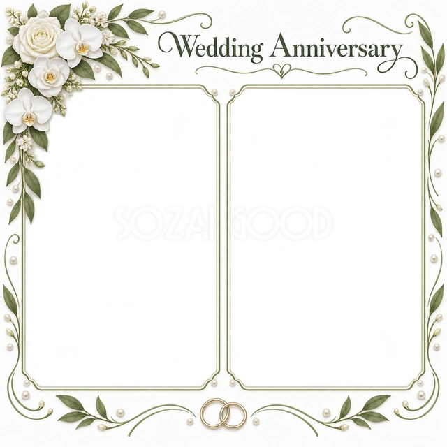 結婚や結婚記念日の写真に使える、並んだふたりの記念写真の無料イラスト素材です