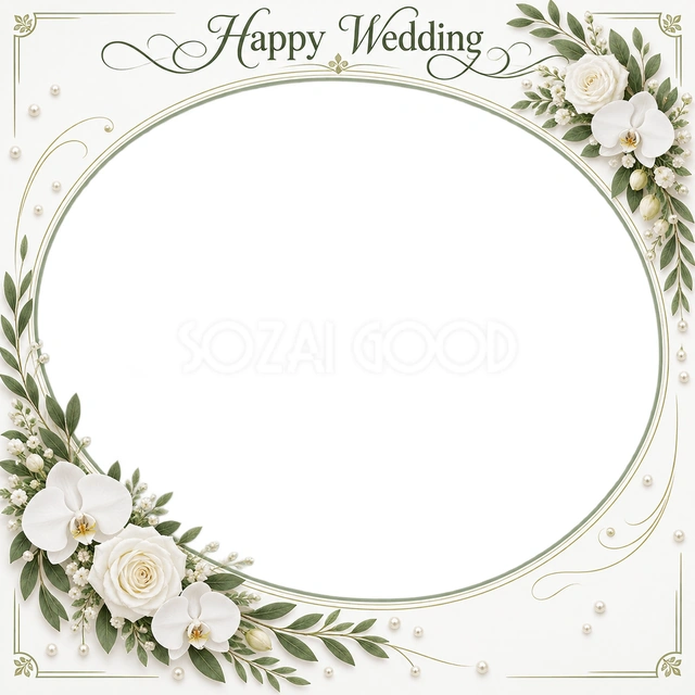 結婚や結婚記念日の写真に使える、花と小さな真珠の楕円の無料イラスト素材です