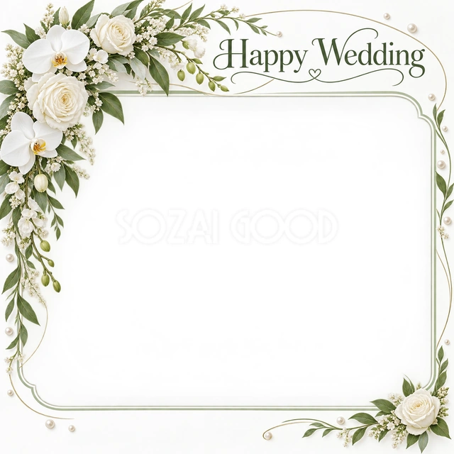 結婚や結婚記念日の写真に使える、葉と花の曲線フレームの無料イラスト素材です