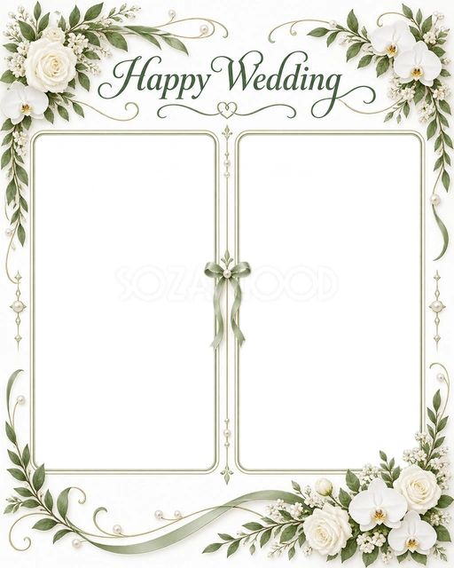 結婚や結婚記念日の写真に使える、ふたりの写真を飾る縦長フレームの無料イラスト素材です