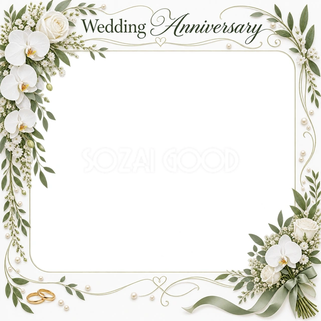 結婚や結婚記念日の写真に使える、花束と曲線の写真フレームの無料イラスト素材です