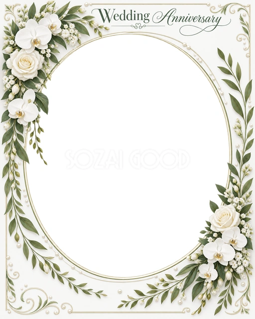 結婚や結婚記念日の写真に使える、葉と花の縦長楕円フレームの無料イラスト素材です