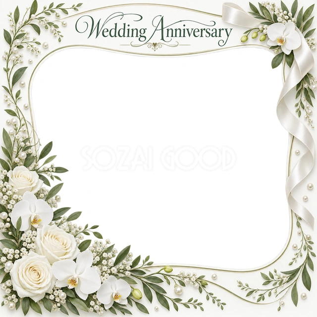 結婚や結婚記念日の写真に使える、白い花の華やかなフレームの無料イラスト素材です
