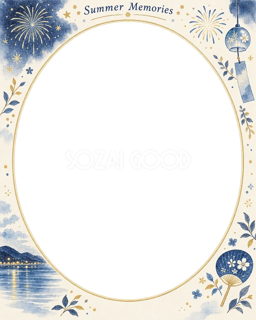 花火と星のイラストで、夏の夜の思い出を華やかに飾る無料の写真フレーム素材です