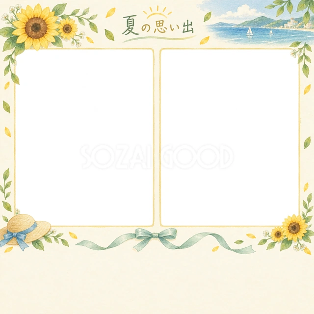 ひまわりや夏の小物を添えた、写真入りの絵日記に使える無料イラスト素材です