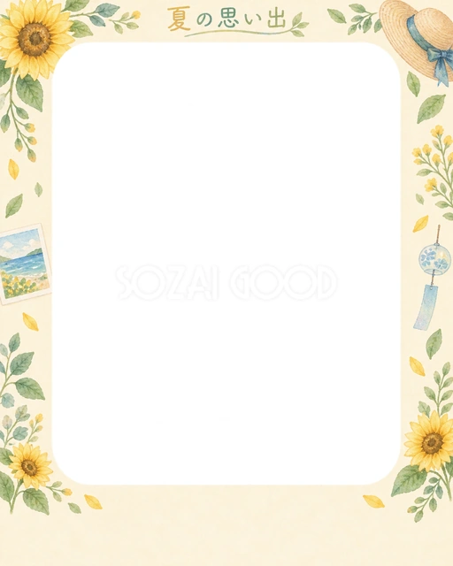 ひまわりや夏の小物を添えた、写真入りの絵日記に使える無料イラスト素材です