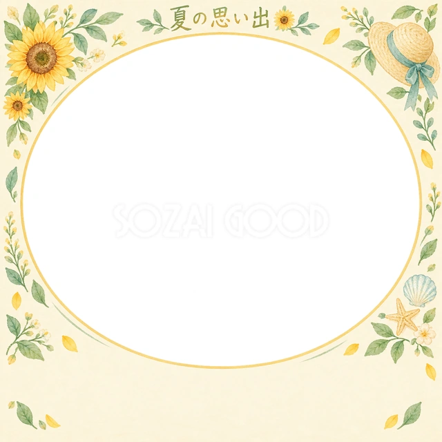 ひまわりや夏の小物を添えた、写真入りの絵日記に使える無料イラスト素材です