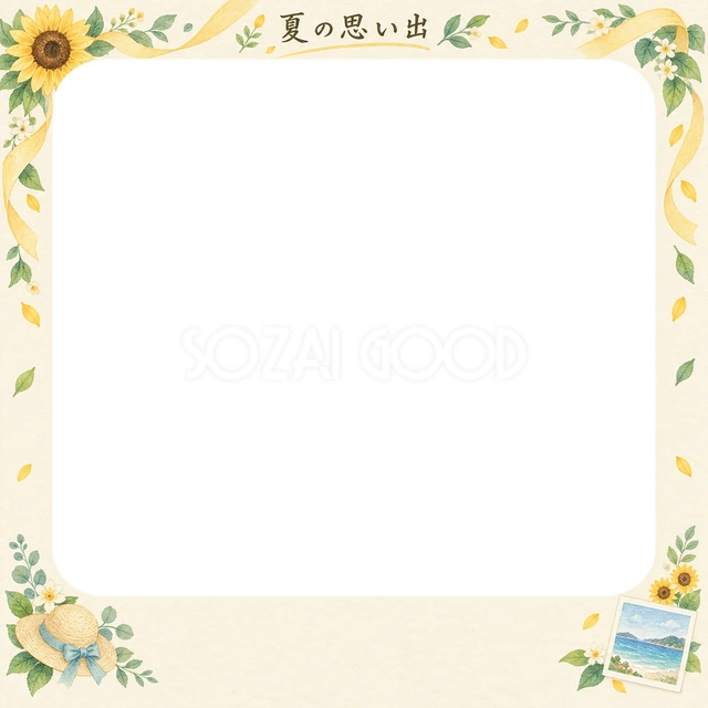 ひまわりや夏の小物を添えた、写真入りの絵日記に使える無料イラスト素材です