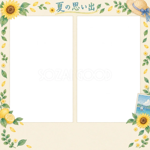 ひまわりや夏の小物を添えた、写真入りの絵日記に使える無料イラスト素材です