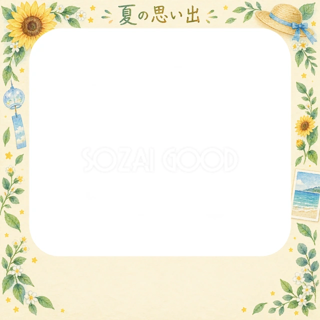 ひまわりや夏の小物を添えた、写真入りの絵日記に使える無料イラスト素材です
