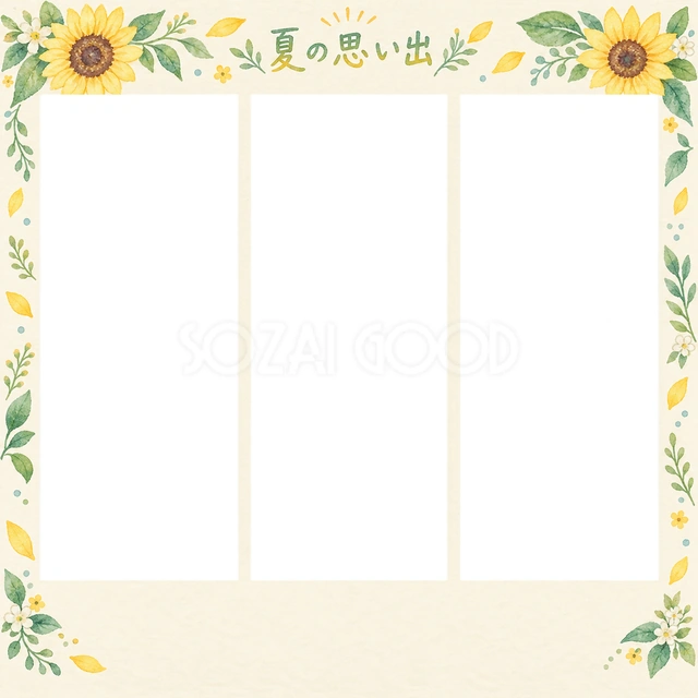 ひまわりや夏の小物を添えた、写真入りの絵日記に使える無料イラスト素材です
