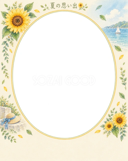 ひまわりや夏の小物を添えた、写真入りの絵日記に使える無料イラスト素材です