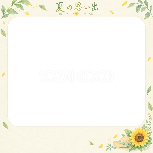 ひまわりや夏の小物を添えた、写真入りの絵日記に使える無料イラスト素材です