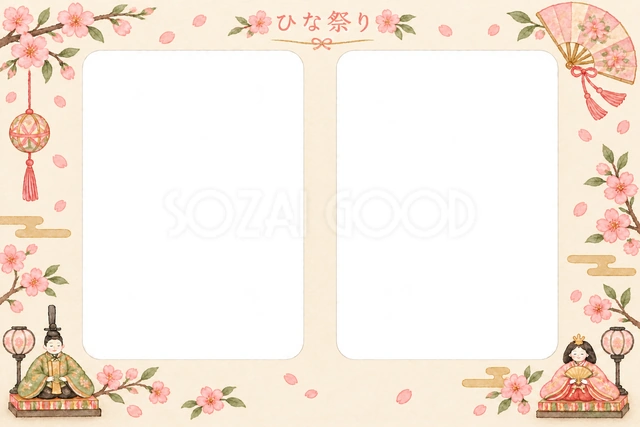 桃の花に小さなひな人形や扇を添えた、ひな祭りの写真フレームです