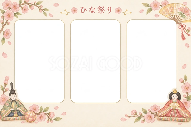 桃の花に小さなひな人形や扇を添えた、ひな祭りの写真フレームです