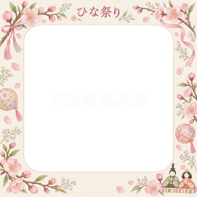桃の花と春らしいリボンをあしらった、ひな祭りの写真フレームです